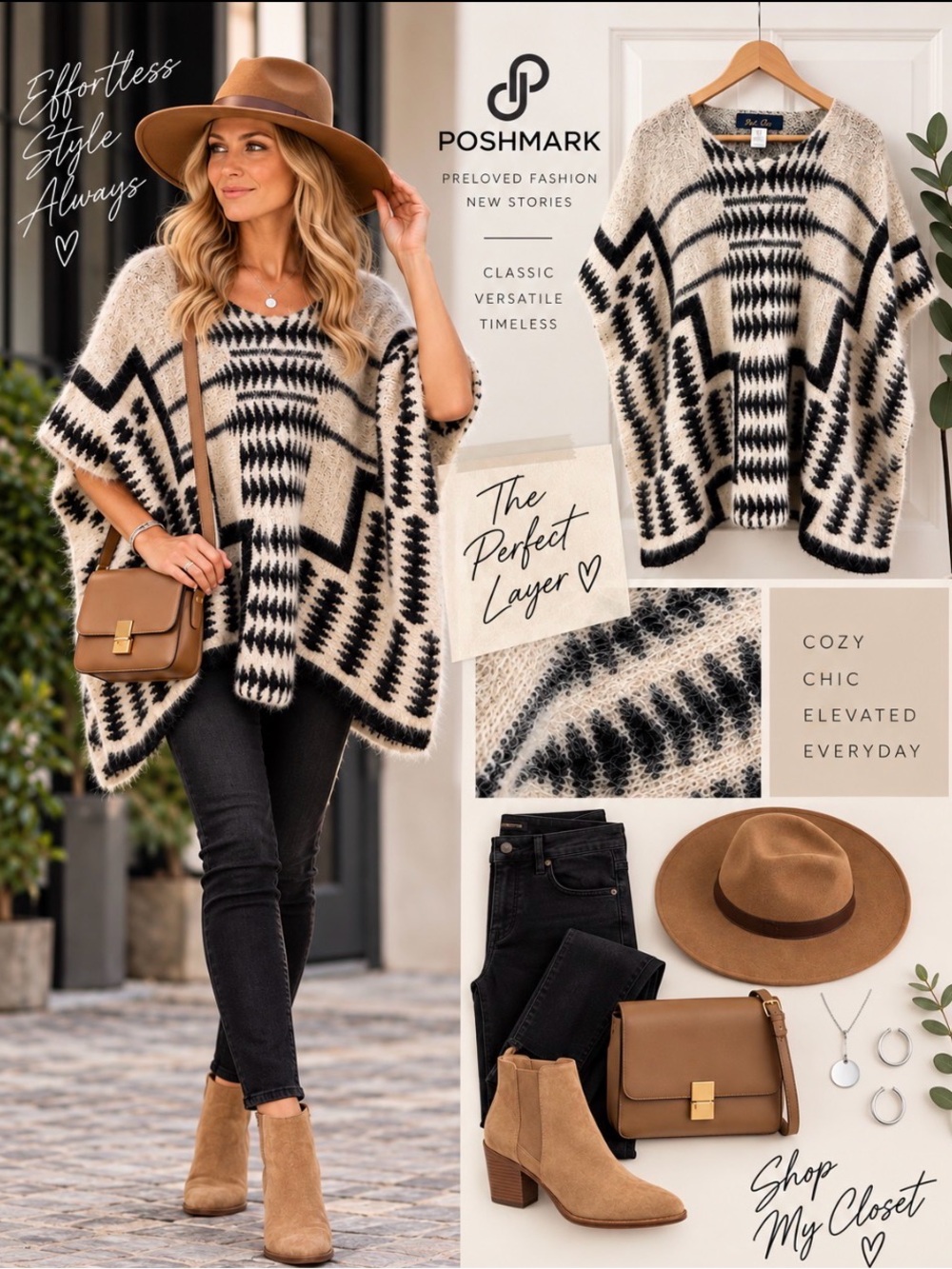 Vintage Aztec Geometric Fuzzy Knit Poncho Sweater Cream Black Oversized One Size